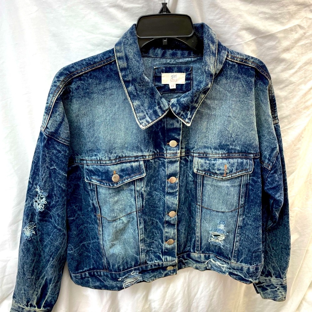 Girl soul Denim faded and distressed Blue Jean Jacket ladies sz 2x